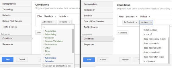 Google Analytics 102: How To Set Up Goals, Segments, And Events In Google Analytics image dimensions custom segments.jpg 600x238