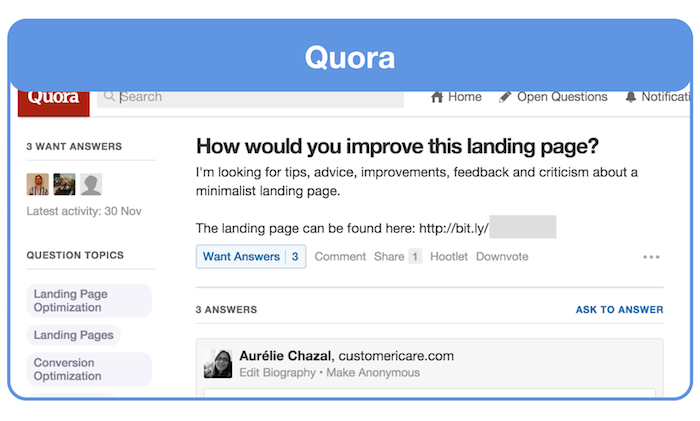 get feedback on your landing page on quora
