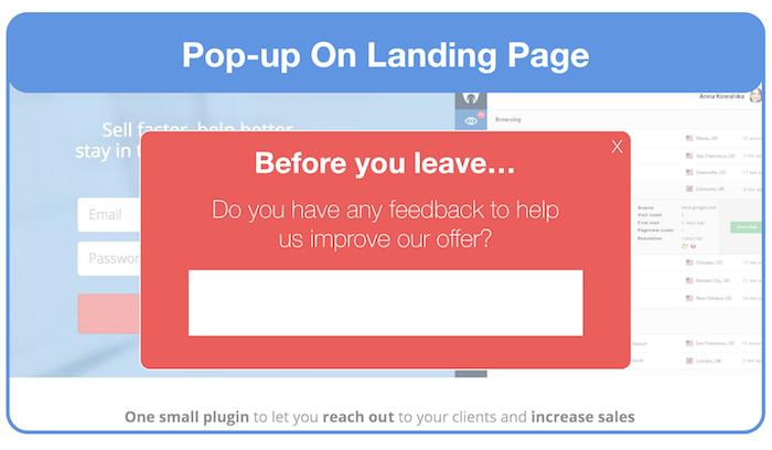 exit intent pop-up to gather feedback on landing page