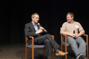 HourlyNerd's Pat Petitti (right) shares a laugh with Neal Sandy from GE Ventures at Xconomy's Influx event. Photo by Keith Spiro Photography,