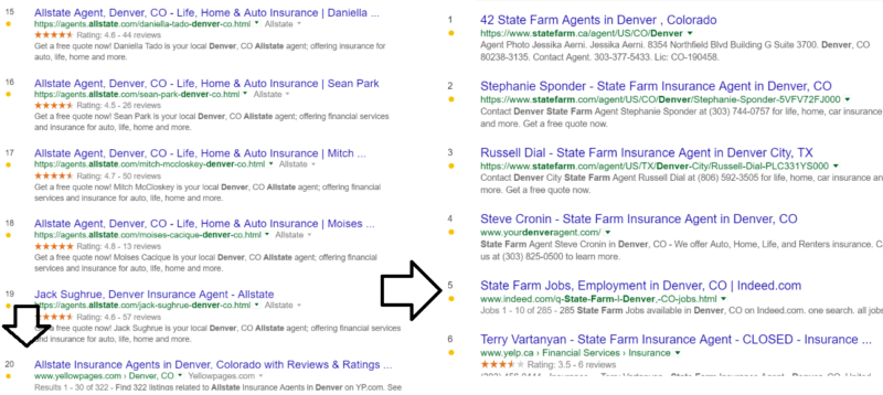 How to solve duplicate content local SEO issues for multi-location businesses - Allstate State Farm SERPS