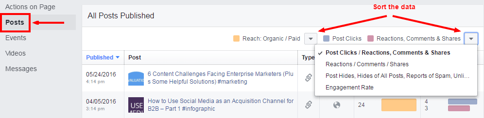 Steps to export data from Facebook Insights - Sorting data in Facebook Insights