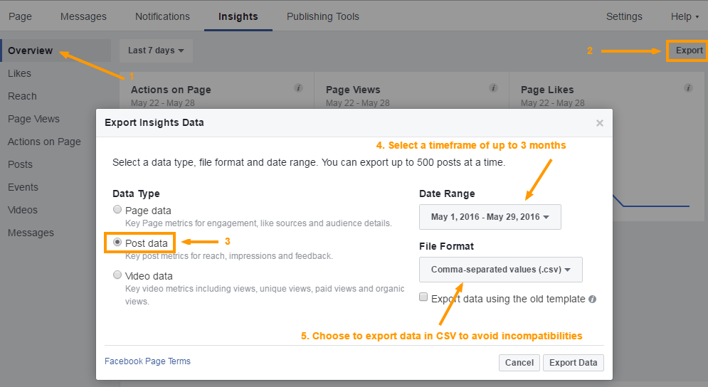 Steps to export data from Facebook Insights
