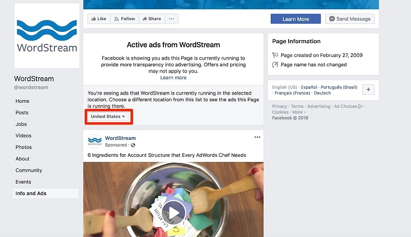 Facebook ad transparency ecommerce strategy info and ads page