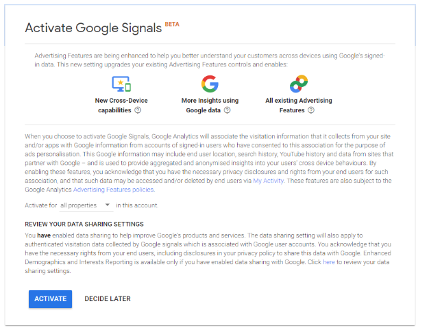 Activate Google Signals Beta Screenshot