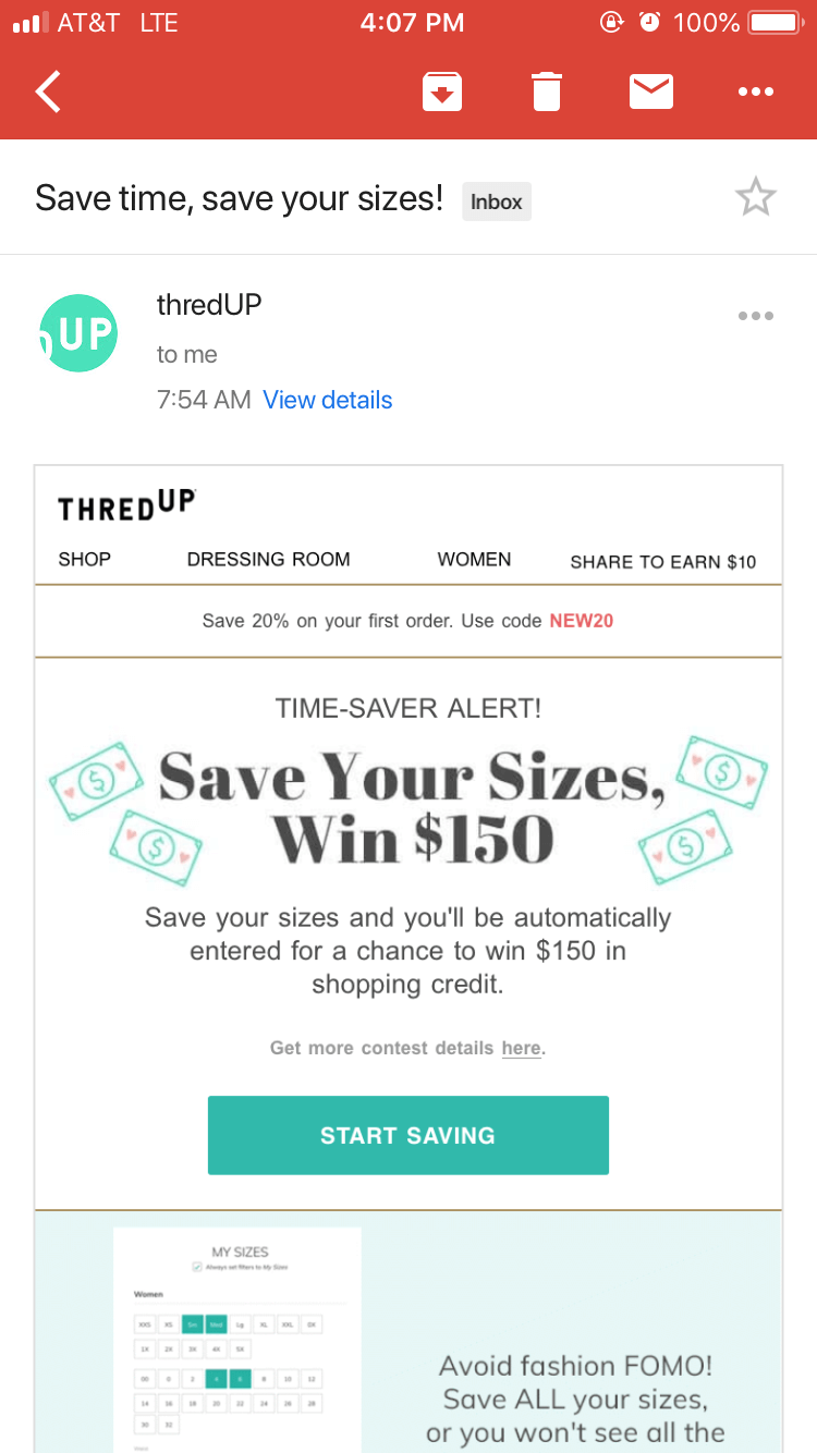 thredUP mobile promotional email example