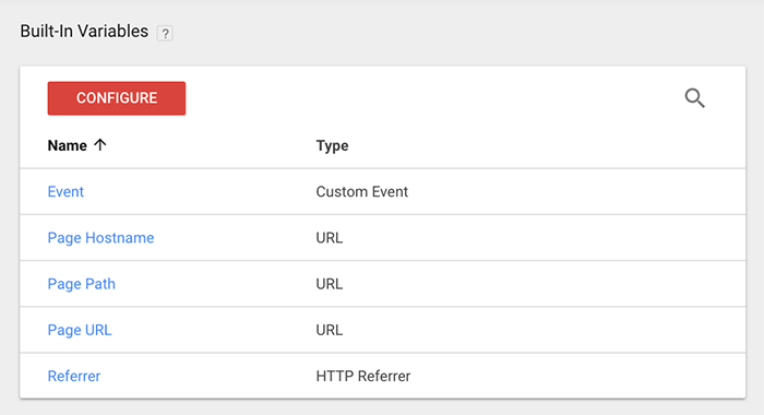 The Variables screen in Google Tag Manager