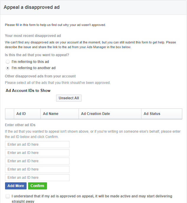 Appeal a dissaproved Facebook ad