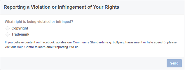 contact facebook about copyright or trade mark violations