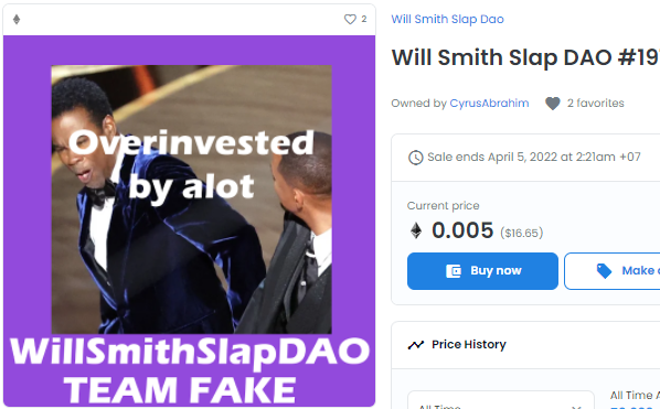 Will Smith Slap DAO Sells $45k in NFTs in a Day