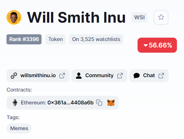 Meme Token Will Smith Inu Down 80% from ATH
