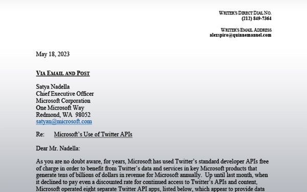 Twitter Sends Microsoft Letter About Unauthorized Data Use