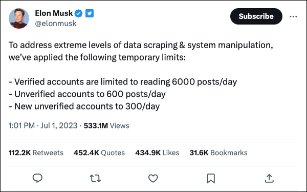 AI Data Scraping Prompts Musk To Put Limits On Twitter Reads