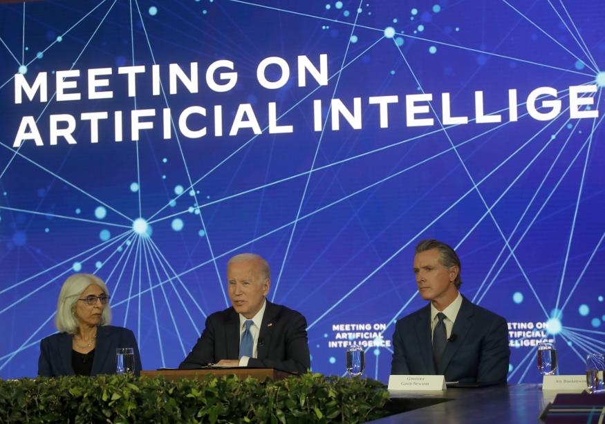 SAN FRANCISCO, CALIFORNIA - JUNE 20: President Joe Biden meets with AI experts and researchers at the Fairmont Hotel in San Francisco, Calif., on Tuesday, June 20, 2023. Gov. Gavin Newsom, is to the right, and Arati Prabhakar, Ph.D., Director of the White House Office of Science and Technology Policy and Assistant to the President for Science and Technology, is to the left. (Jane Tyska/Digital First Media/East Bay Times via Getty Images)