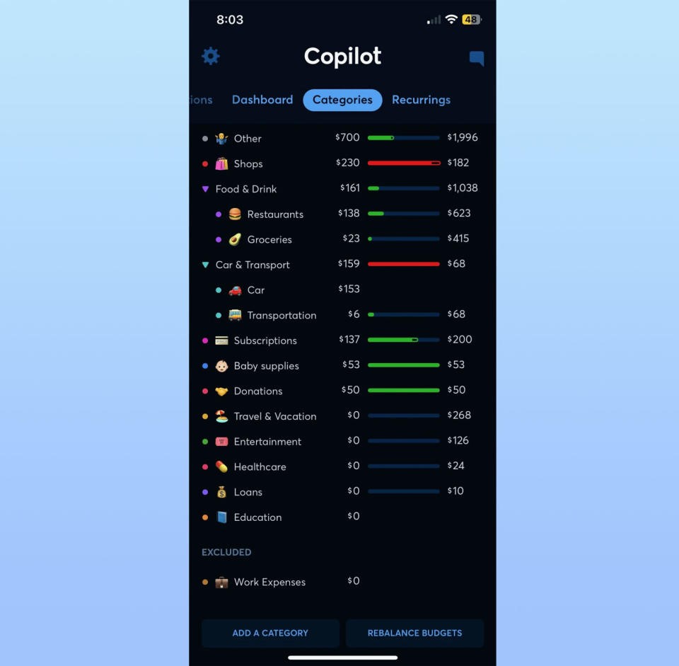 A screenshot of Copilot Money's iOS app.
