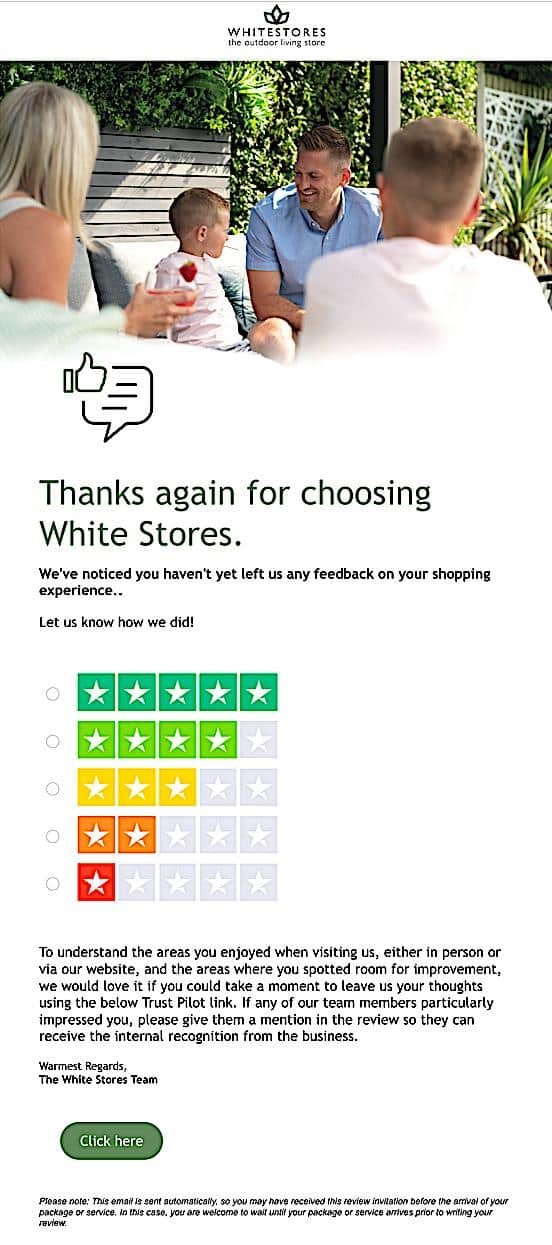 White Stores - feedback request email