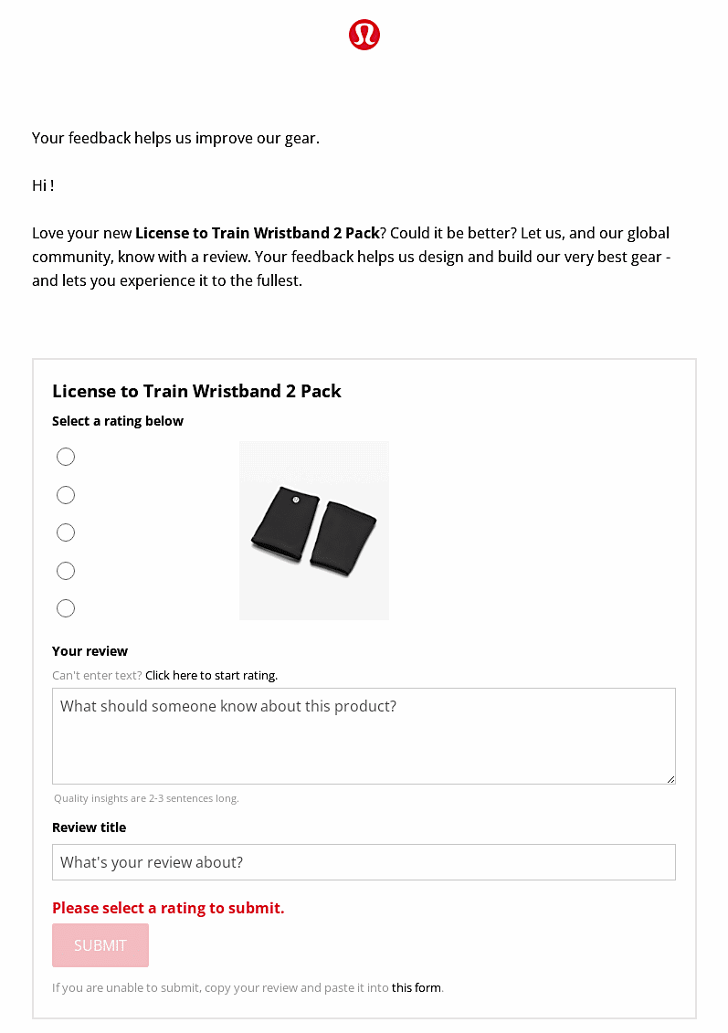 Lululemon - feedback request email