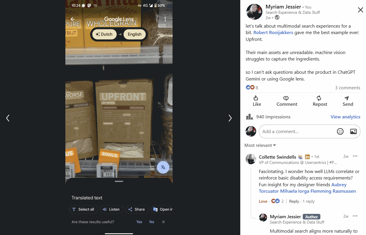Your brand, everywhere: Engineering discoverability in a multimodal world by Semrush Enterprise Packages labeled Upfront on a shelf. Google Lens translation from Dutch to English is visible. The ingredients are not readable
