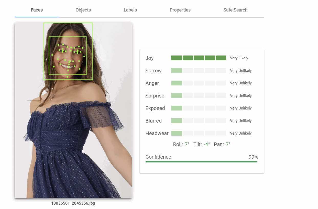 Your brand, everywhere: Engineering discoverability in a multimodal world by Semrush Enterprise Joyful woman wearing a fun little spring dress that’s blue with little dots. This image is analyzed by Google Cloud Vision to identify the emotions on her face.
