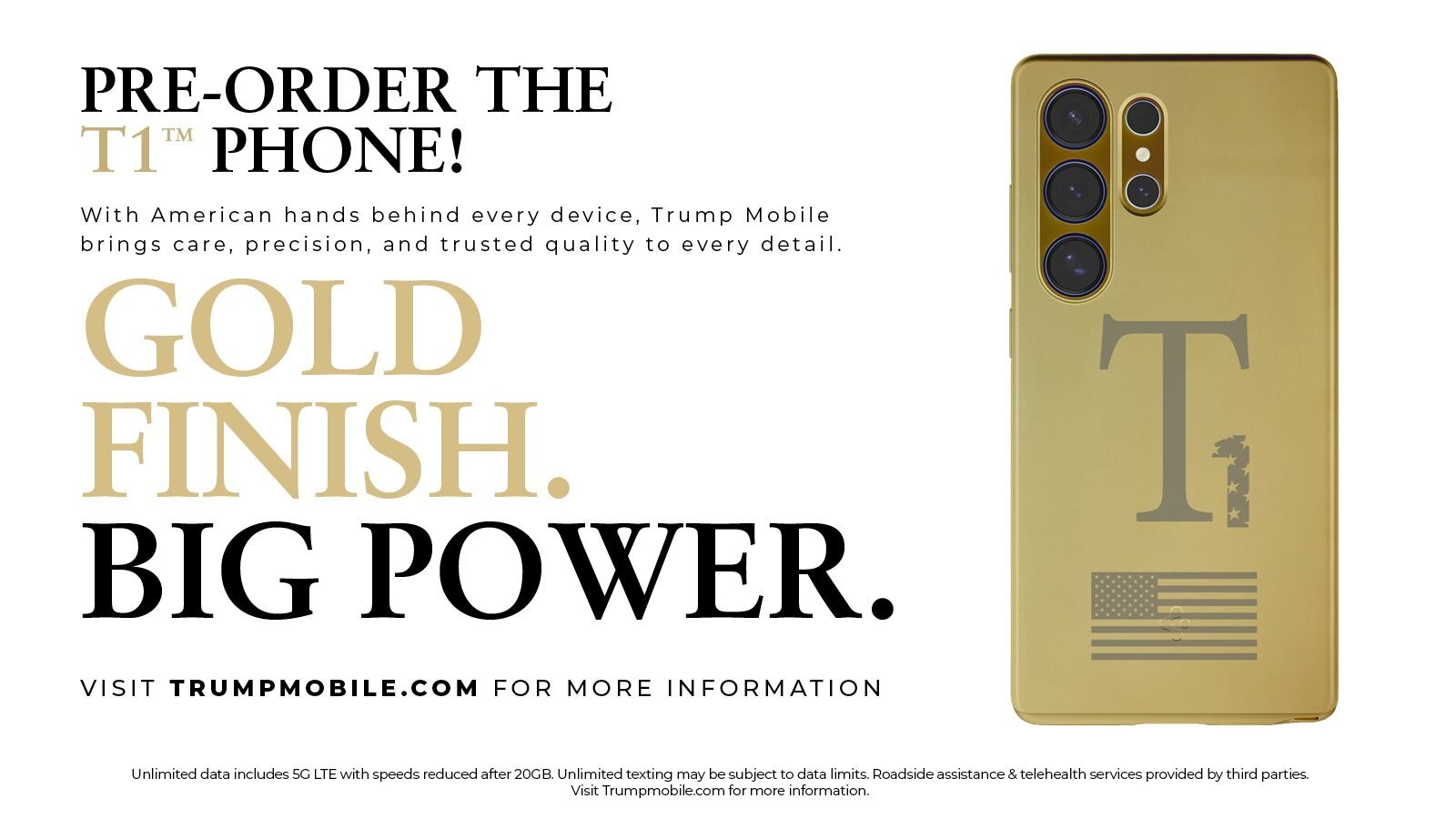 Trump Mobile T1 ad showing a Samsung phone in a Spigen case