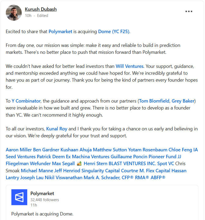 Polymarket acquires Dome to deepen prediction market infrastructure
