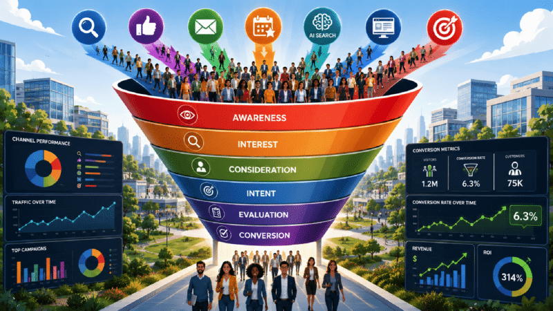 A large, visually striking marketing funnel towers over a modern business landscape as diverse prospects flow into the top from search, social media, email, events, AI search platforms, and digital advertising channels. As the crowd moves through each stage, the funnel filters and transforms them into a smaller stream of qualified customers emerging at the bottom.