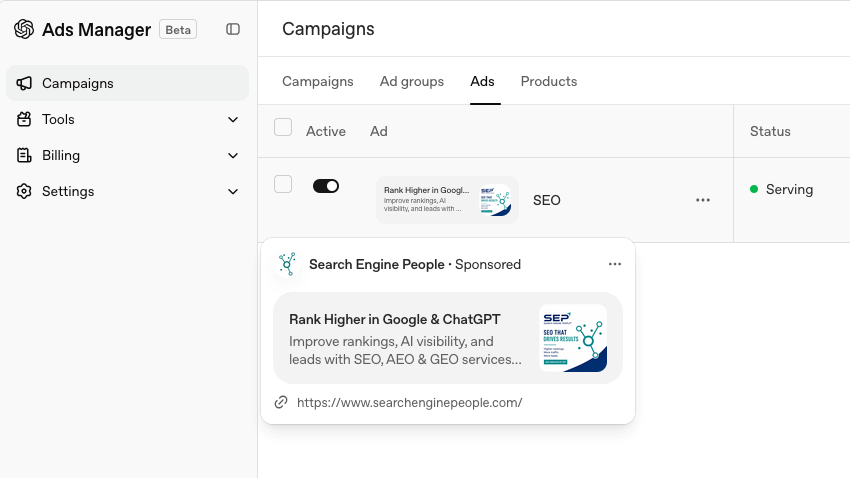 Search Engine People is now offering ChatGPT Ads management services. Search Engine People is now offering ChatGPT Ads management services.